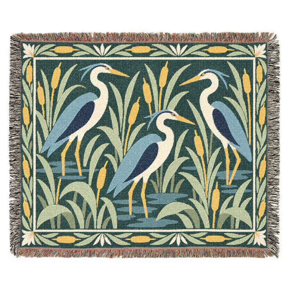 Heron Marsh Sunset woven cotton blanket with decorative fringed edges