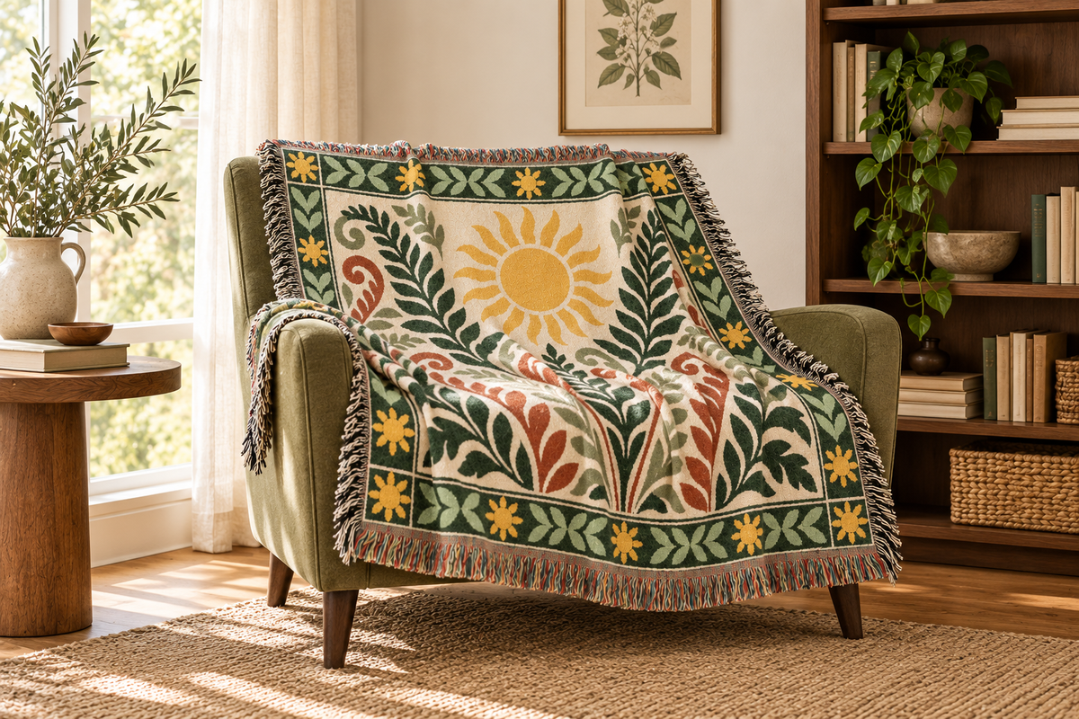 Sun and botanical woven throw draped over an olive armchair beside a walnut bookshelf and plants.