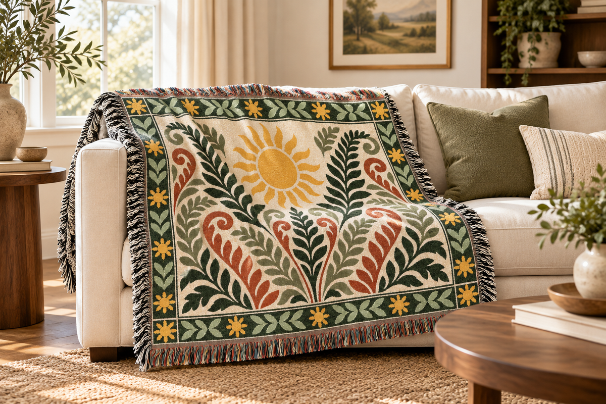 Sun and botanical woven throw styled on a cream sofa with olive cushions.