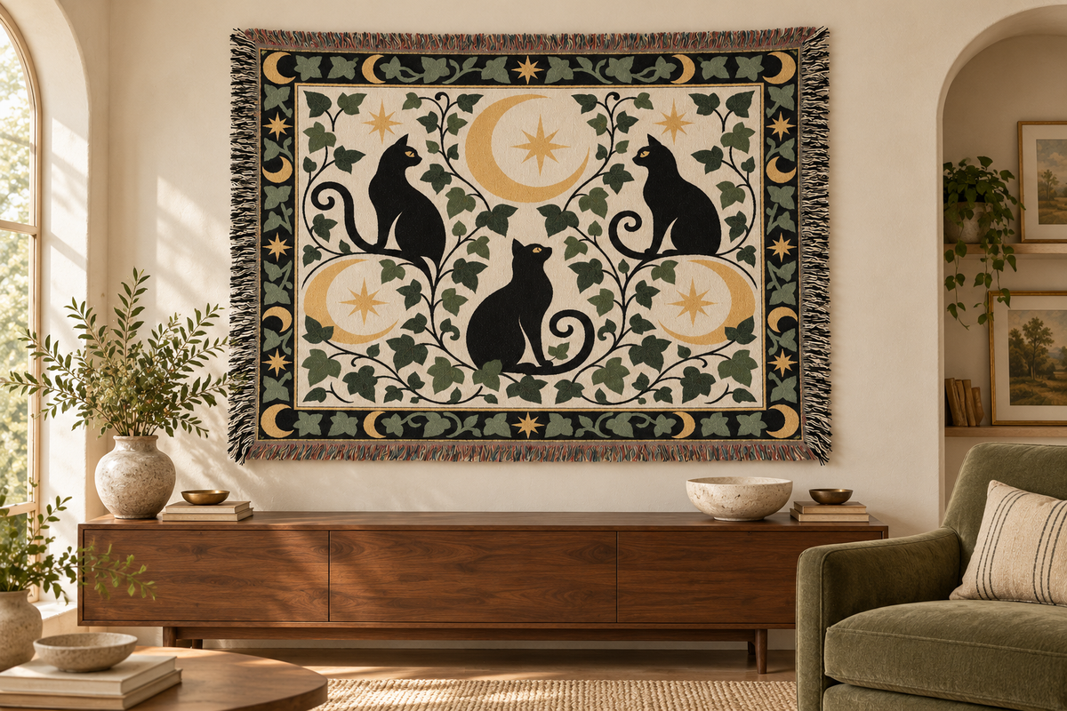 Cat, moon and ivy woven blanket displayed above a walnut console in a warm neutral living room.