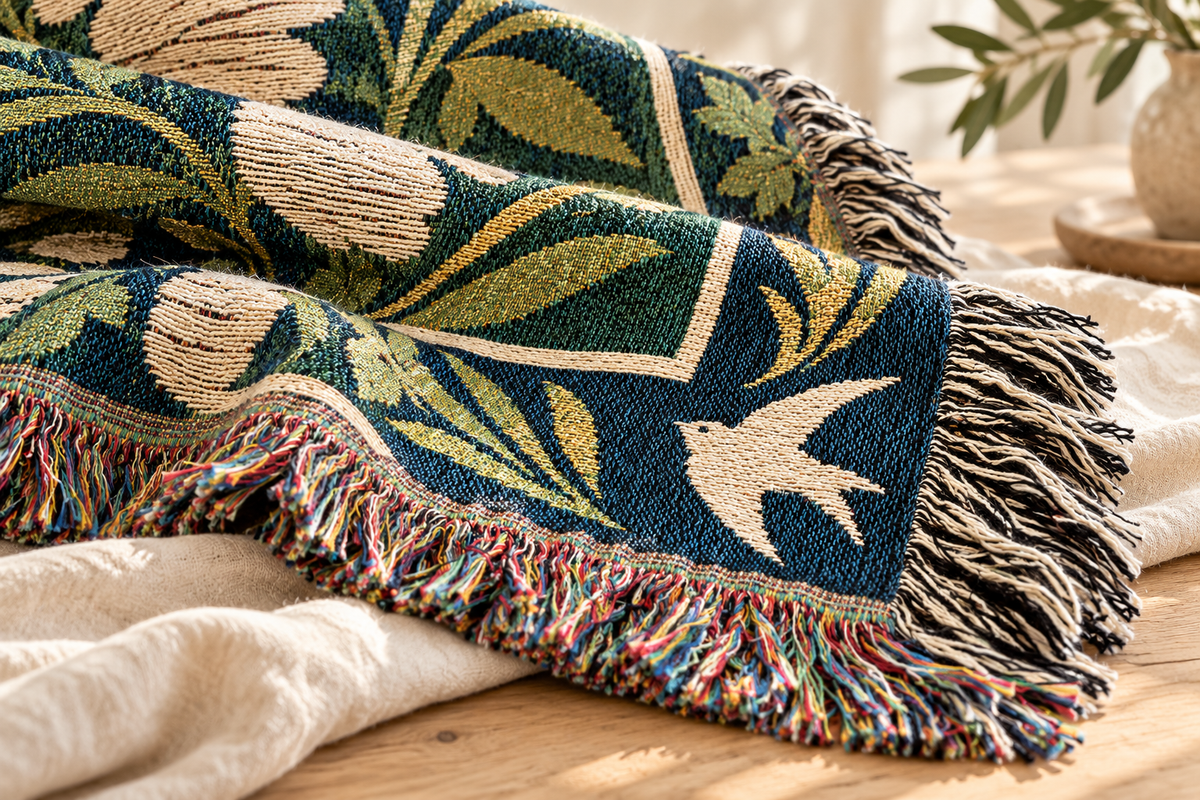 Close-up of a navy, green and cream woven throw with multicolored fringe.
