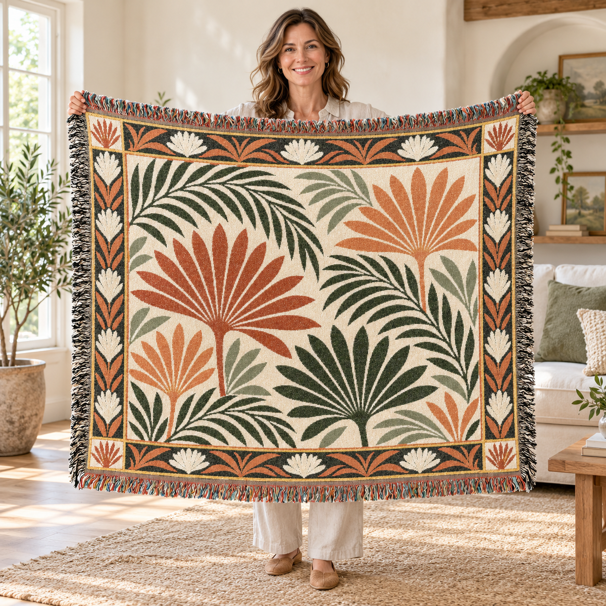 Tropical Palm Fronds Woven Blanket