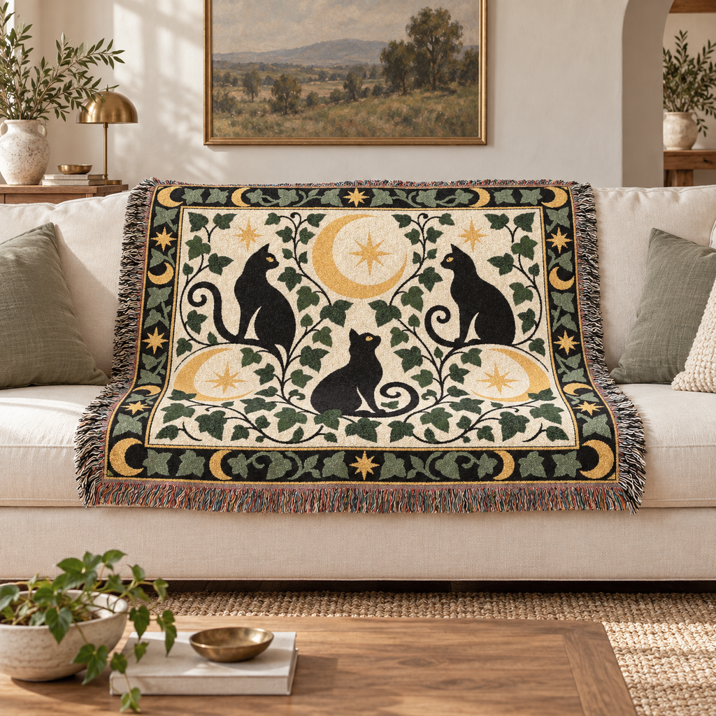 Black Cat Moon Woven Blanket