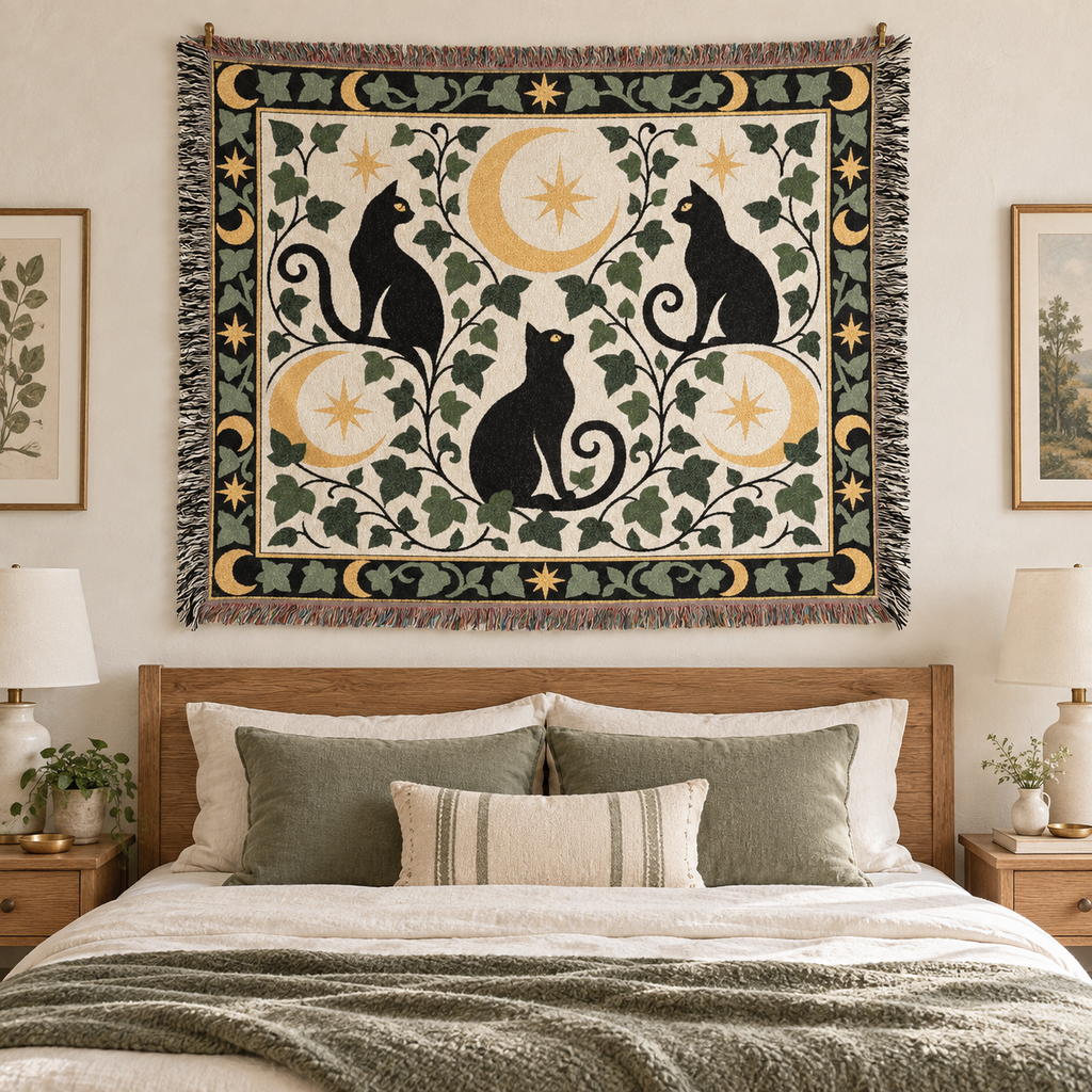 Black Cat Moon Woven Blanket
