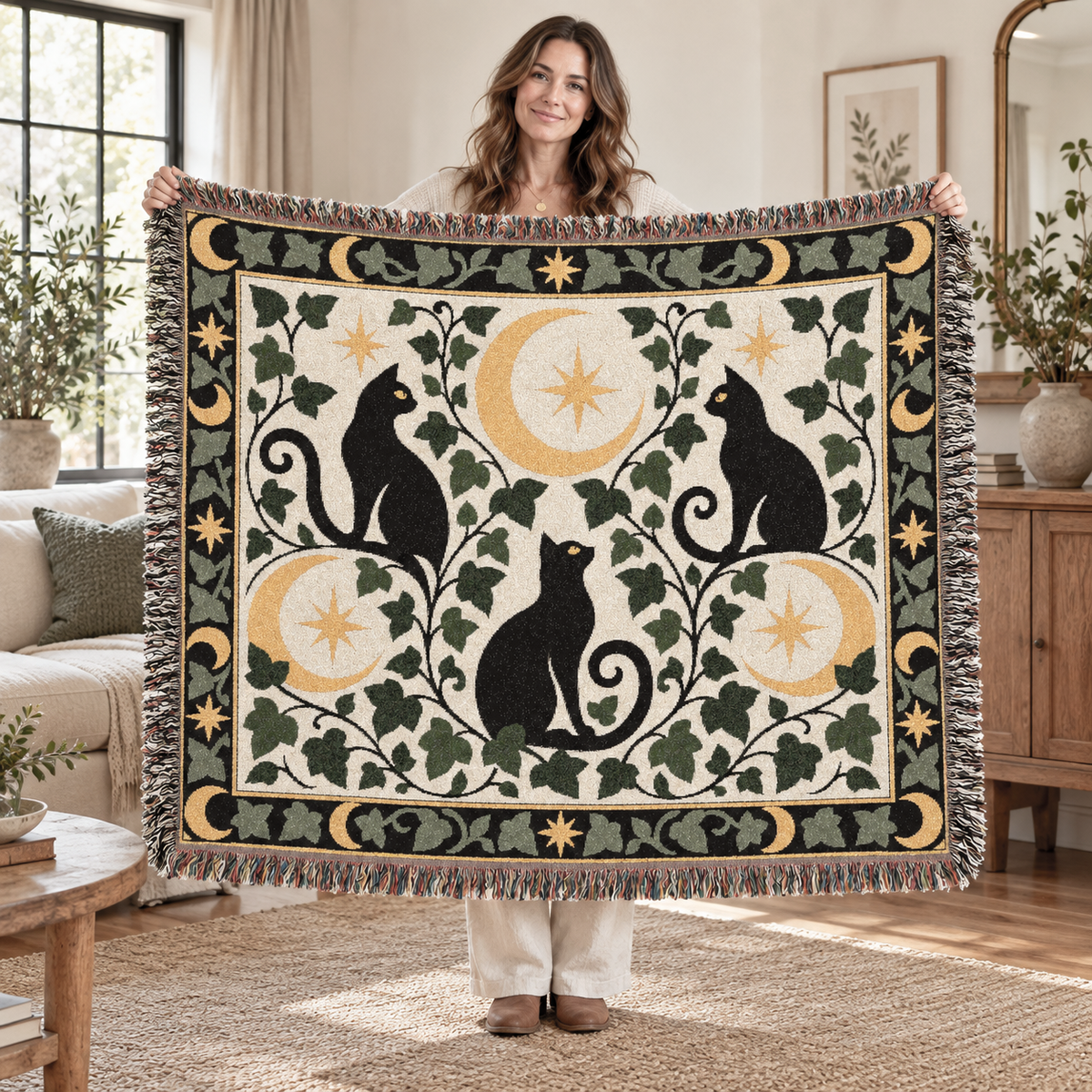 Black Cat Moon Woven Blanket
