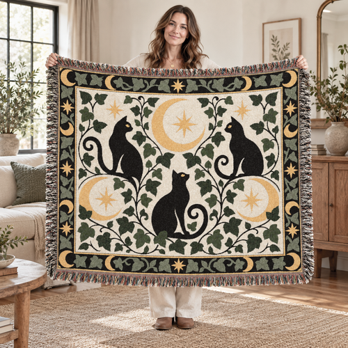 Black Cat Moon Woven Blanket