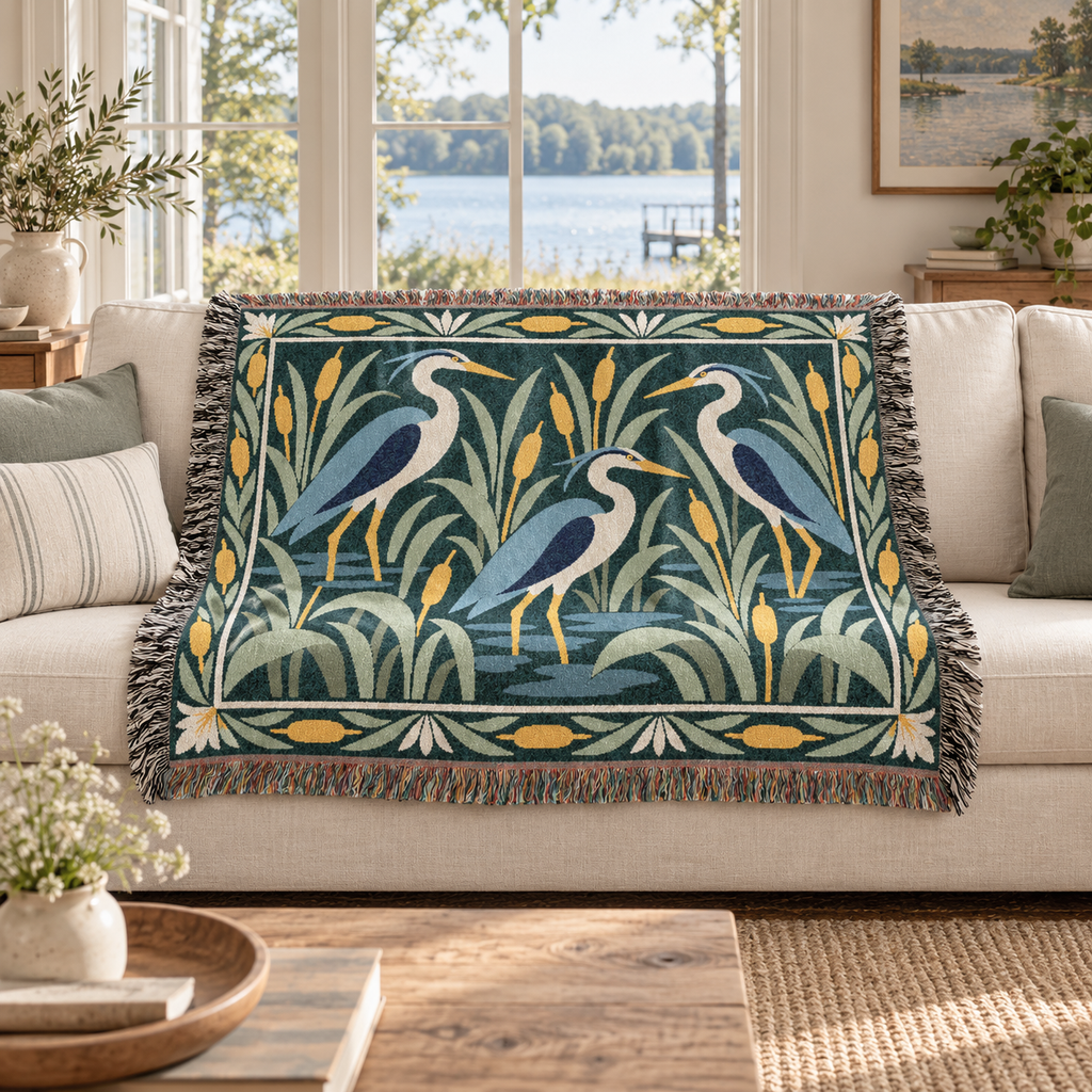Heron Marsh Sunset woven cotton blanket with decorative fringed edges