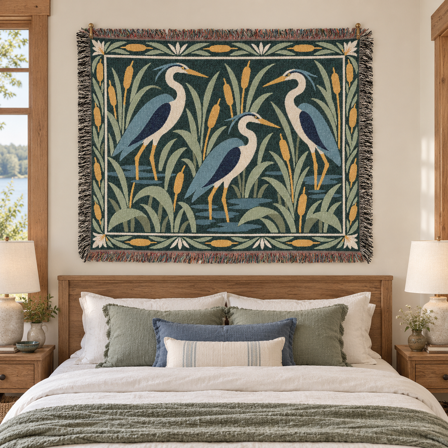 Heron Marsh Sunset woven cotton blanket with decorative fringed edges