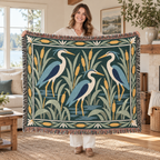Heron Marsh Sunset woven cotton blanket with decorative fringed edges