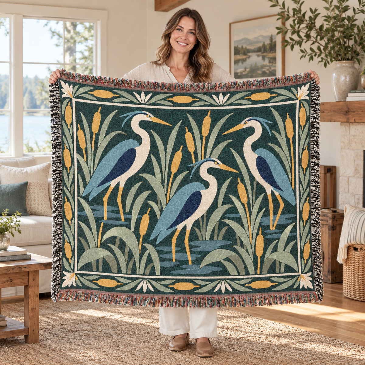 Heron Marsh Sunset woven cotton blanket with decorative fringed edges