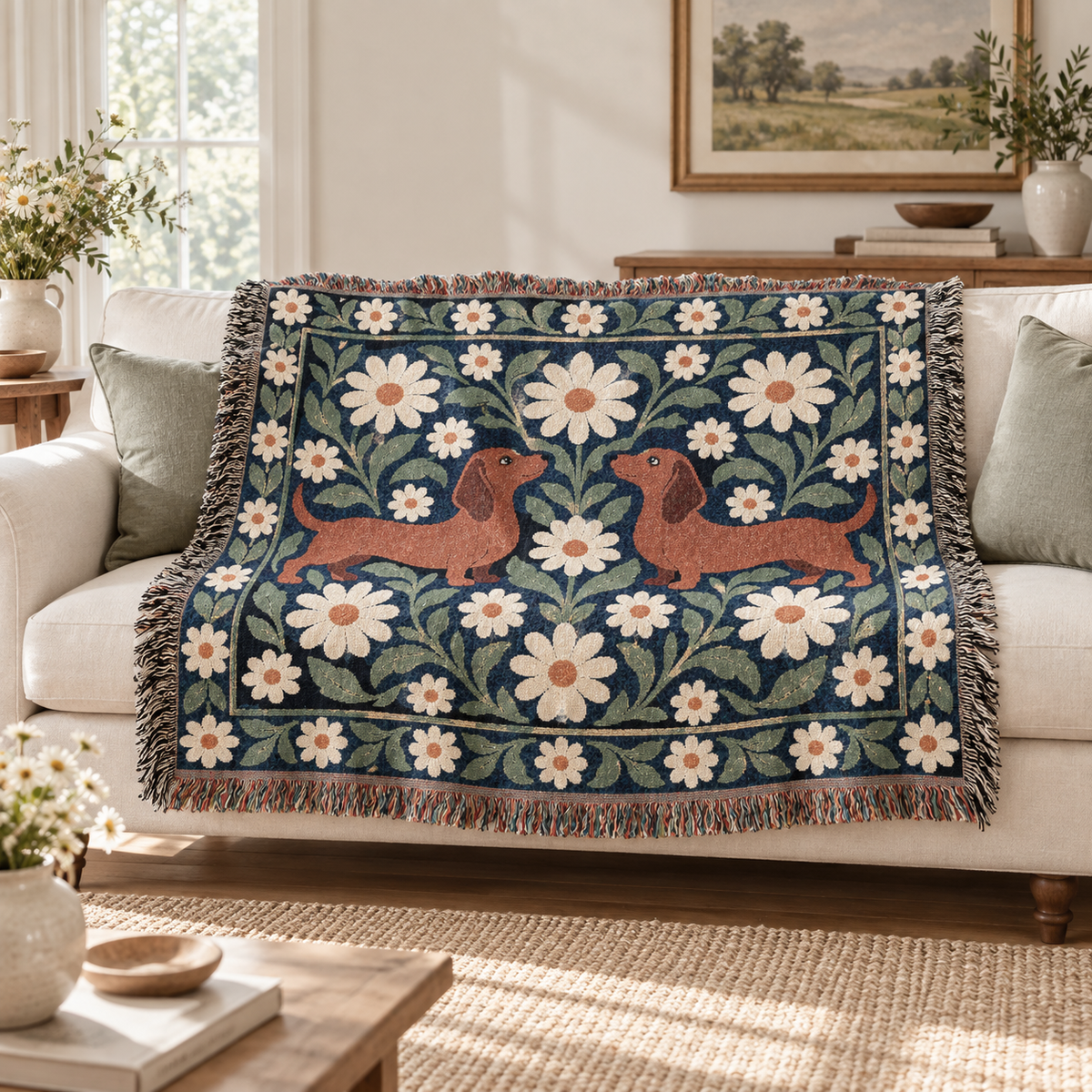 Dachshund Floral Woven Blanket