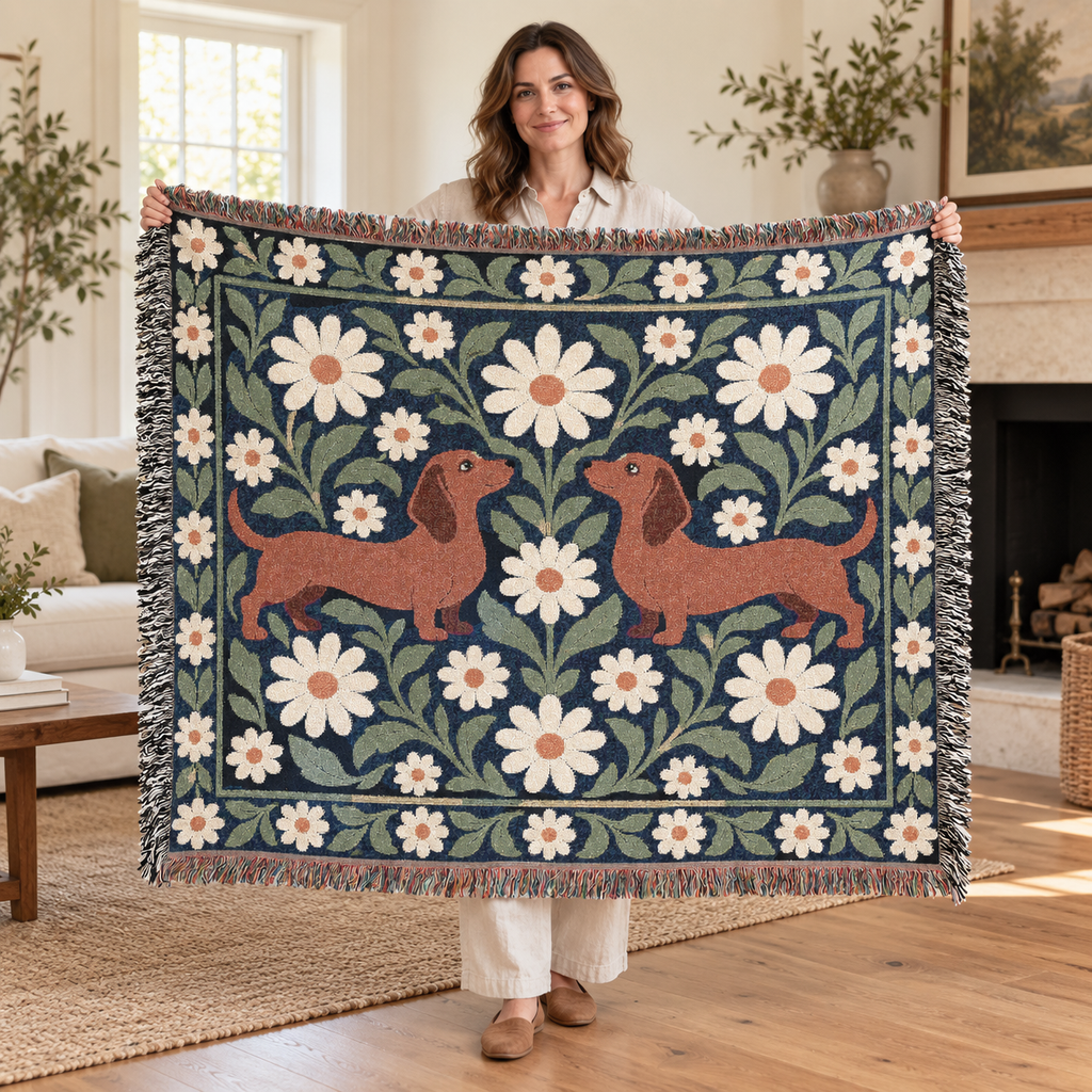 Dachshund Floral Woven Blanket