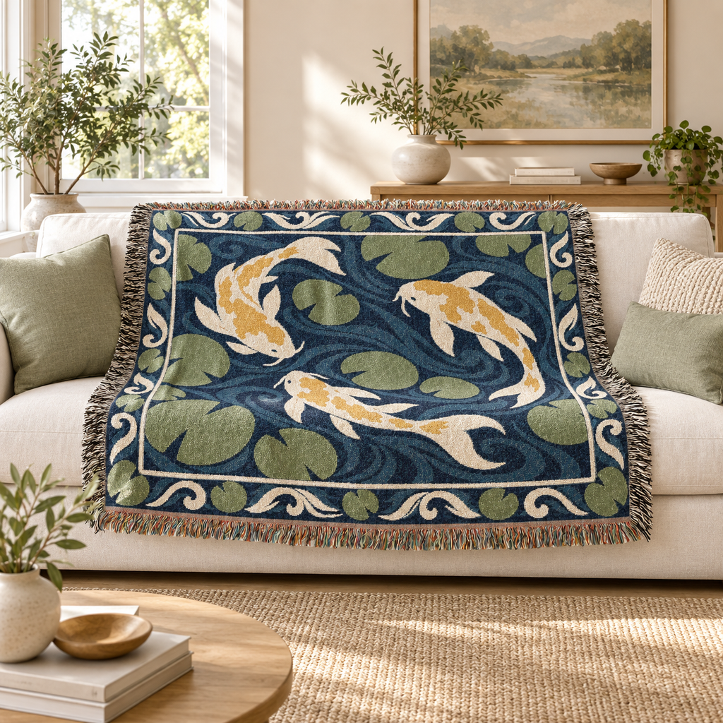 Koi Fish Pond Woven Blanket