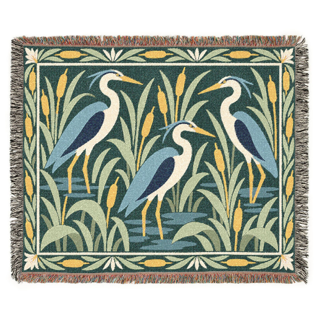 Heron Marsh Sunset woven cotton blanket with decorative fringed edges