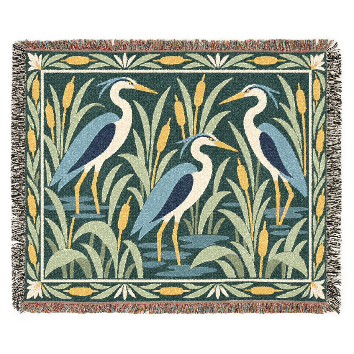 Heron Marsh Sunset woven cotton blanket with decorative fringed edges