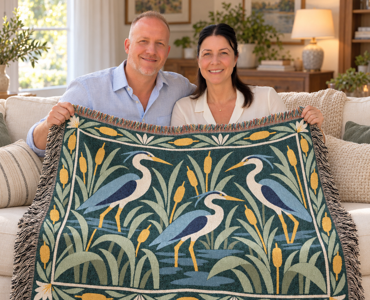 Thomas and Anita seated on a sofa with their Heron Marsh Sunset woven blanket